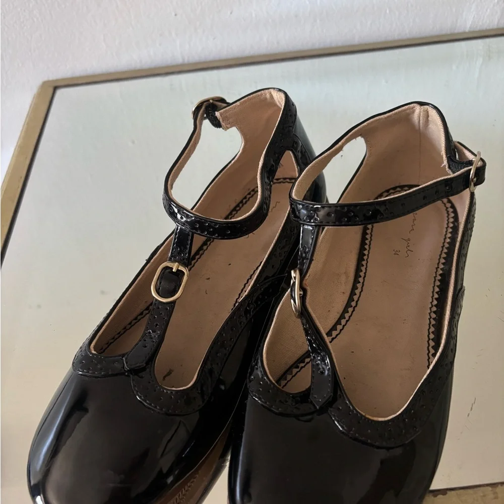 Zara Girls Patent Leather T-Strap Black Ballet Flat Kids Shoe Size 9-10